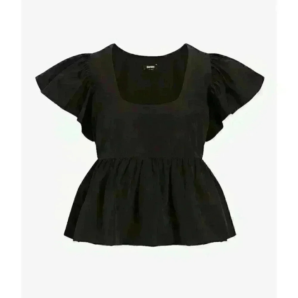 Express Women’s Black Square Neck Peplum Blouse Flutter Sleeve‎ Size Small